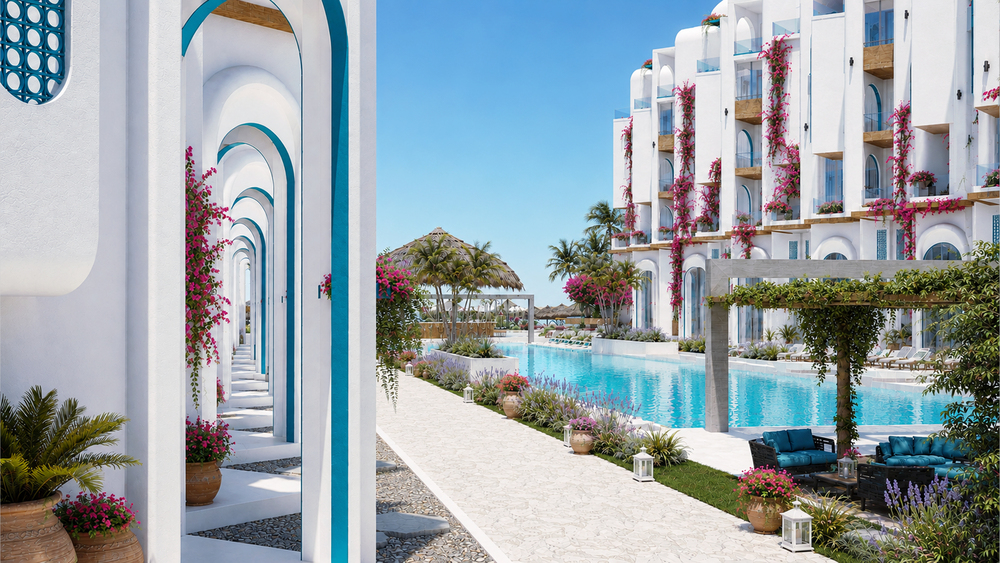 Poolside walkway and Greek-inspired arches