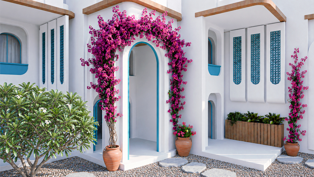 Greek-inspired façade with bougainvillea