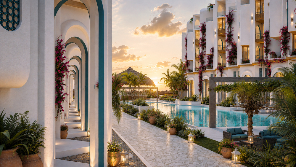 Athena Resort pool at sunset