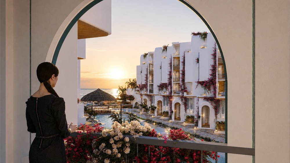 Balcony view across Athena Resort at sunset