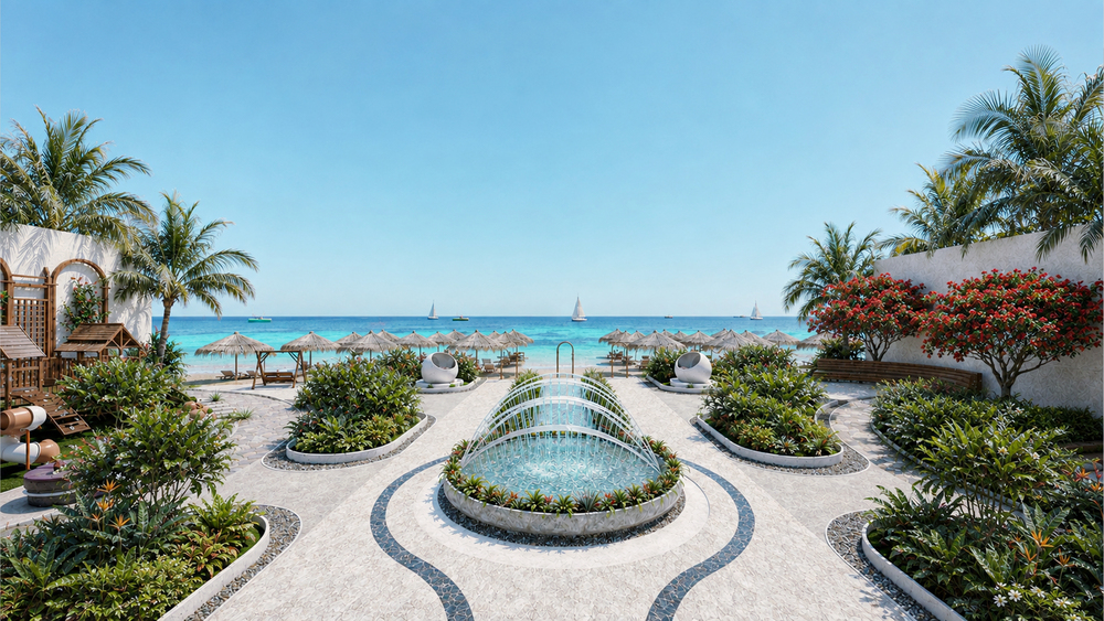 Landscaped beachfront garden and water feature